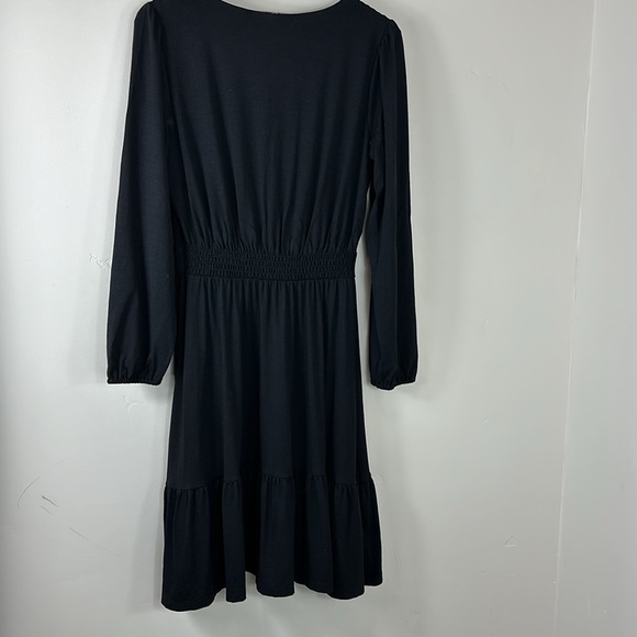LOFT Black Jacquard Balloon Sleeve V-Neck Dress 2 - Picture 7 of 10